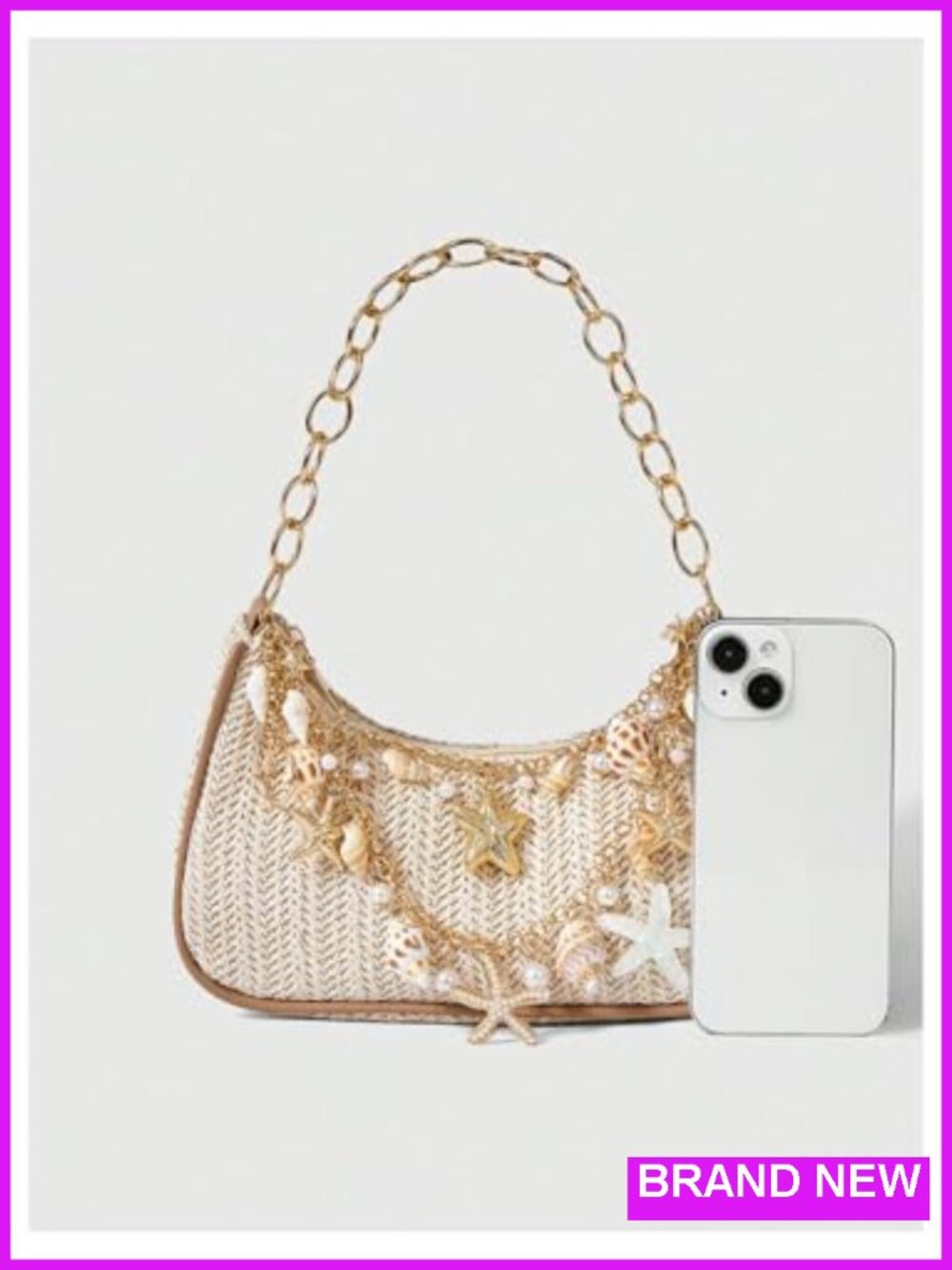 Straw Beach Purse Seashell Beaded Shoulder Handbag Summer Vacation Bag - Picture 3 of 5